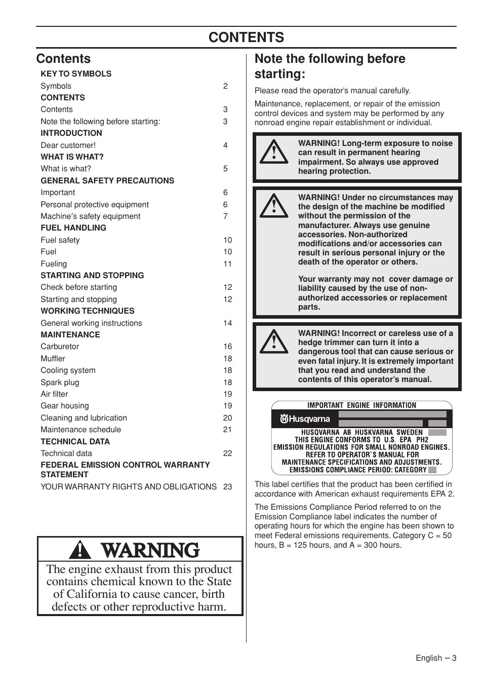 Husqvarna 325HS99X User Manual | Page 3 / 28