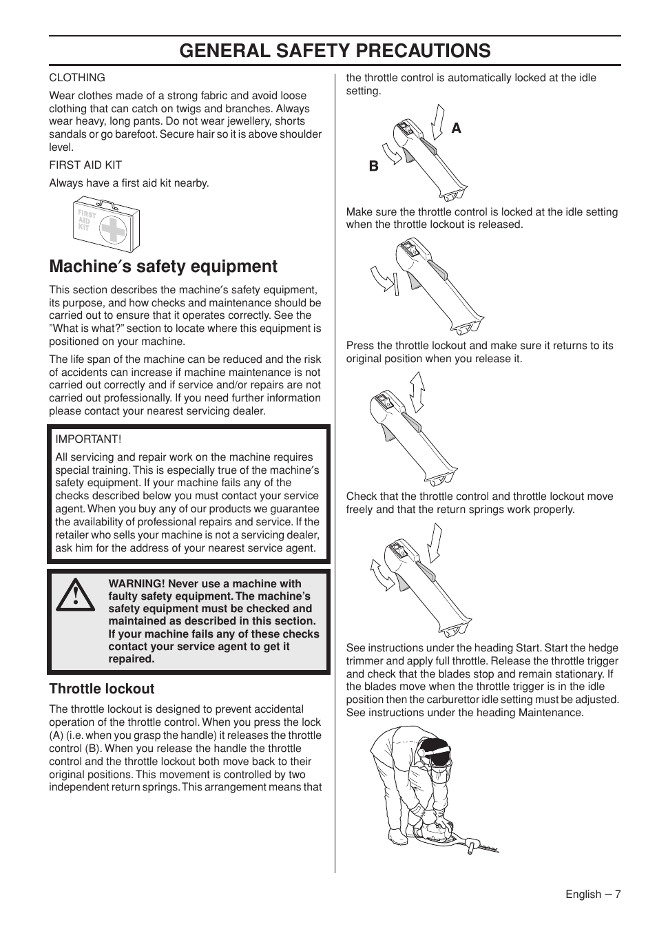 Machine¢s safety equipment, Throttle lockout, General safety preca utions | Mac hine ′ s safety equipment | Husqvarna 325HS99X User Manual | Page 7 / 28