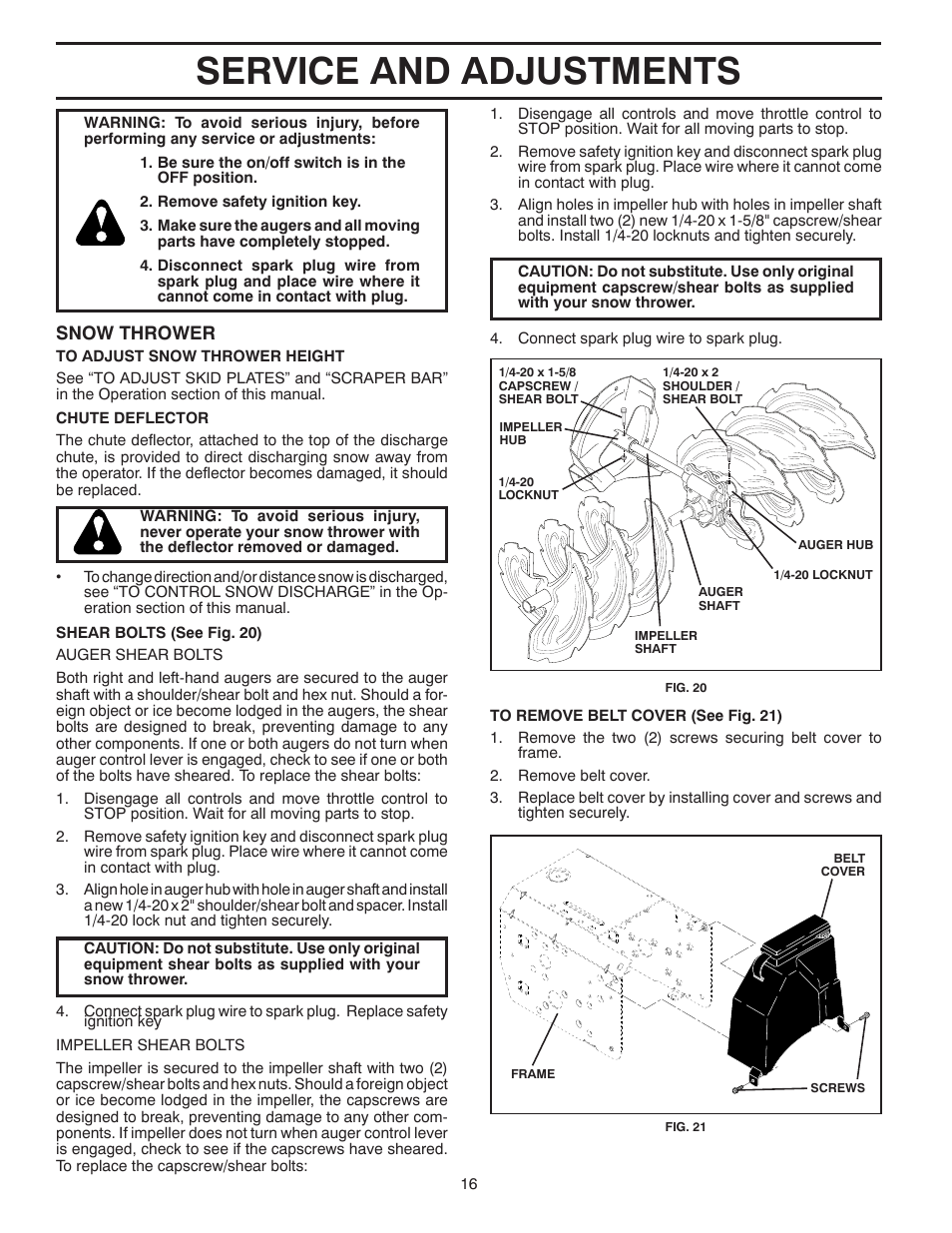 Service and adjustments, Snow thrower | Husqvarna 1830HV User Manual | Page 16 / 24