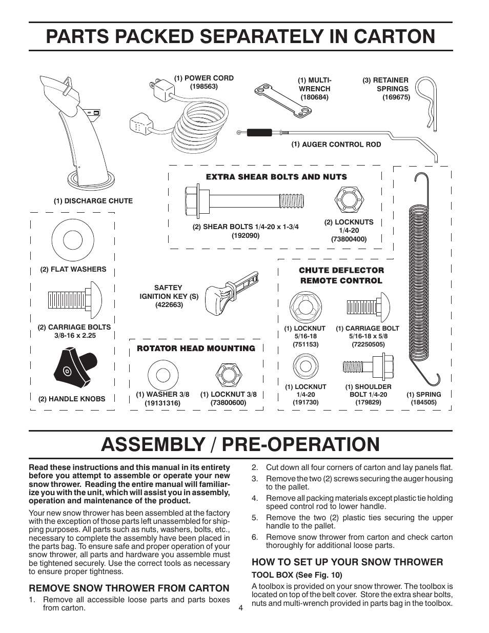 Assembly, Parts packed separately in carton, Assembly / pre-operation | Remove snow thrower from car ton, How to set up your snow thrower | Husqvarna 1830HV User Manual | Page 4 / 24