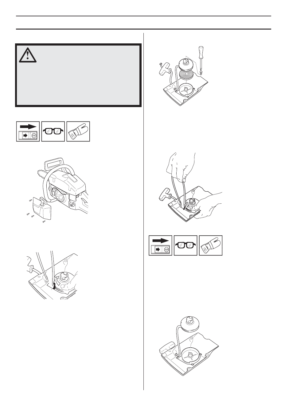 Starter, Changing a broken or worn starter cord, Tensioning the recoil spring | Changing a broken recoil spring, Maintenance | Husqvarna 1151338-95 User Manual | Page 34 / 44