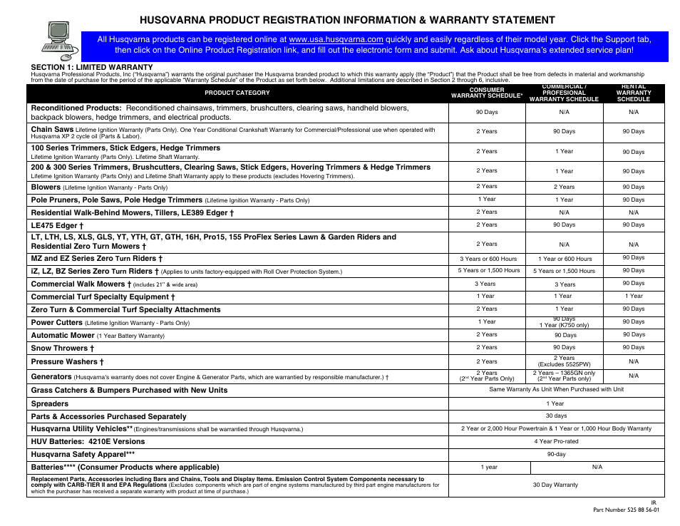 Warranty statement | Husqvarna 532424698 User Manual | Page 20 / 21