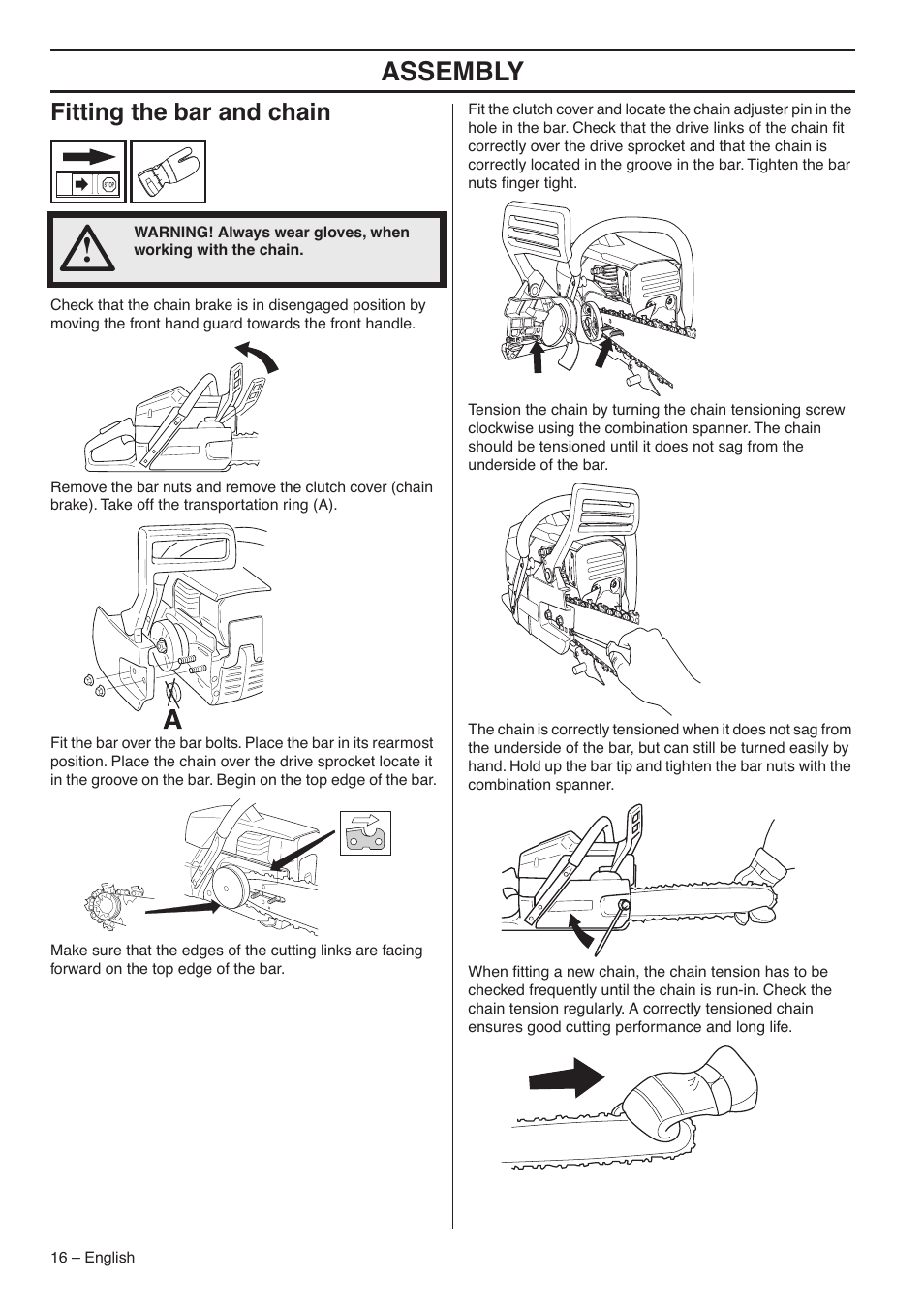 Fitting the bar and chain, Assembly | Husqvarna 1153183-26 User Manual | Page 16 / 44