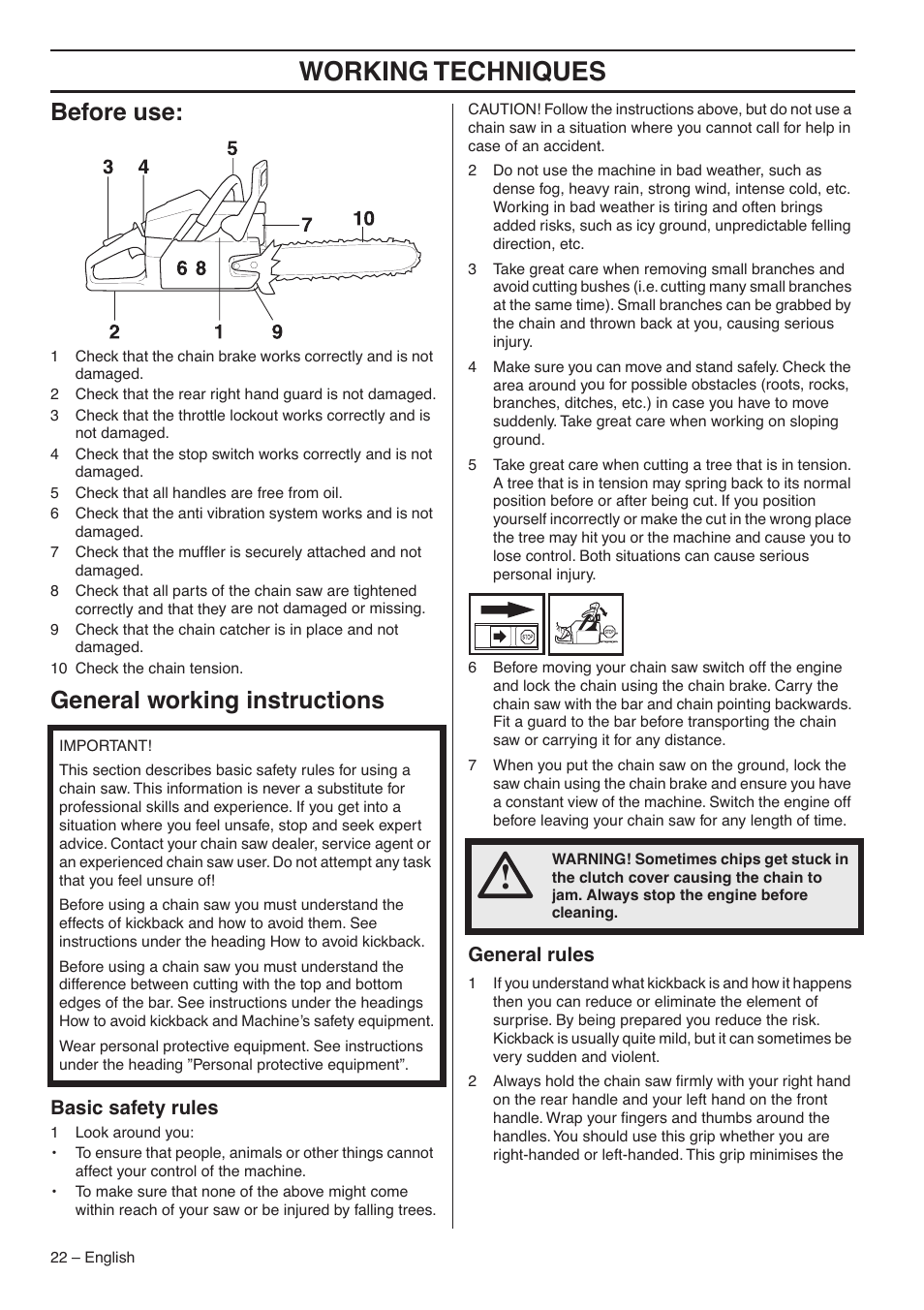 Before use, General working instructions, Basic safety rules | General rules, Working techniques | Husqvarna 1153183-26 User Manual | Page 22 / 44