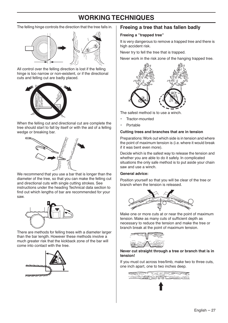 Freeing a tree that has fallen badly, Working techniques | Husqvarna 1153183-26 User Manual | Page 27 / 44