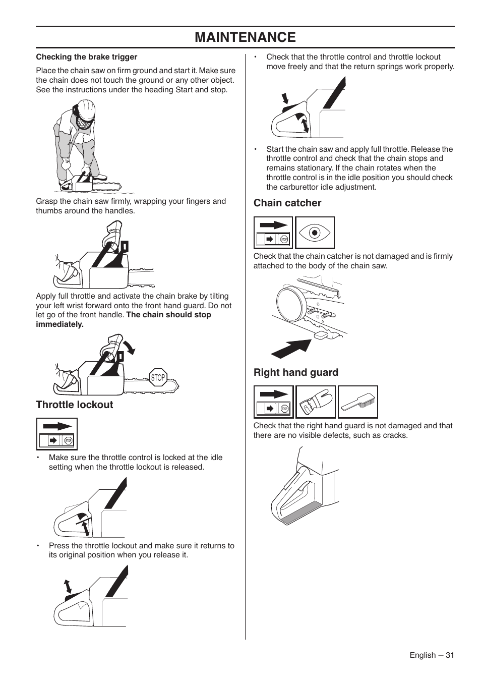 Throttle lockout, Chain catcher, Right hand guard | Maintenance | Husqvarna 1153183-26 User Manual | Page 31 / 44