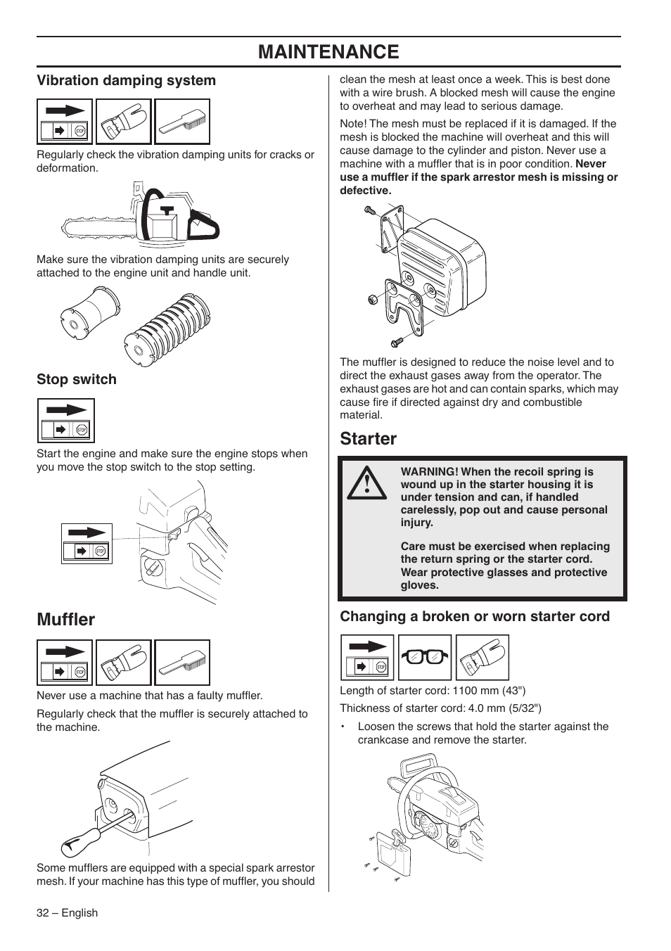 Vibration damping system, Stop switch, Muffler | Starter, Changing a broken or worn starter cord, Maintenance, Mufﬂer | Husqvarna 1153183-26 User Manual | Page 32 / 44