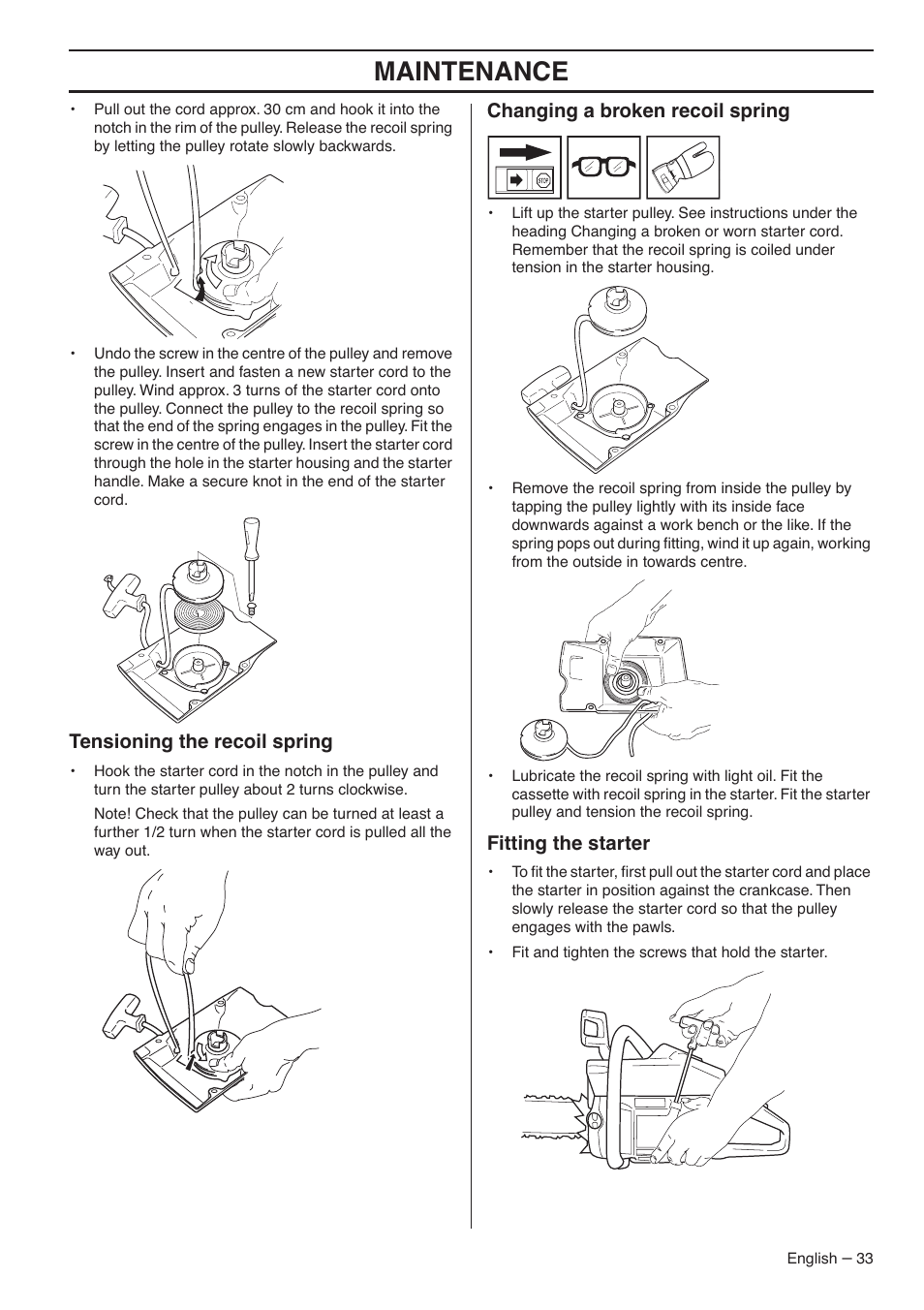 Tensioning the recoil spring, Changing a broken recoil spring, Fitting the starter | Maintenance | Husqvarna 1153183-26 User Manual | Page 33 / 44