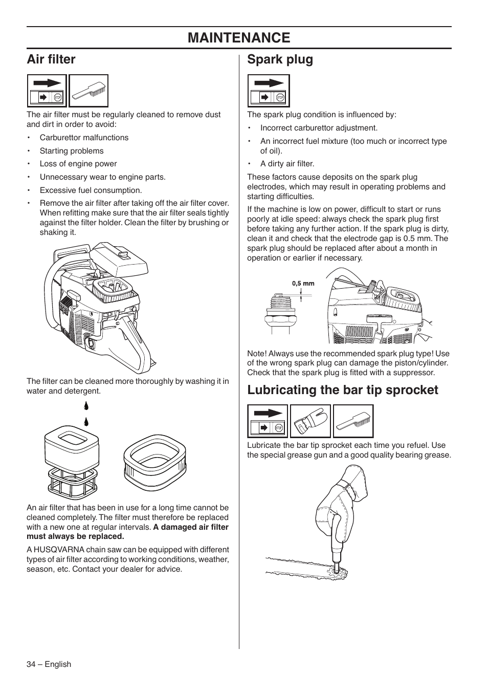 Air filter, Spark plug, Lubricating the bar tip sprocket | Maintenance, Air ﬁlter | Husqvarna 1153183-26 User Manual | Page 34 / 44