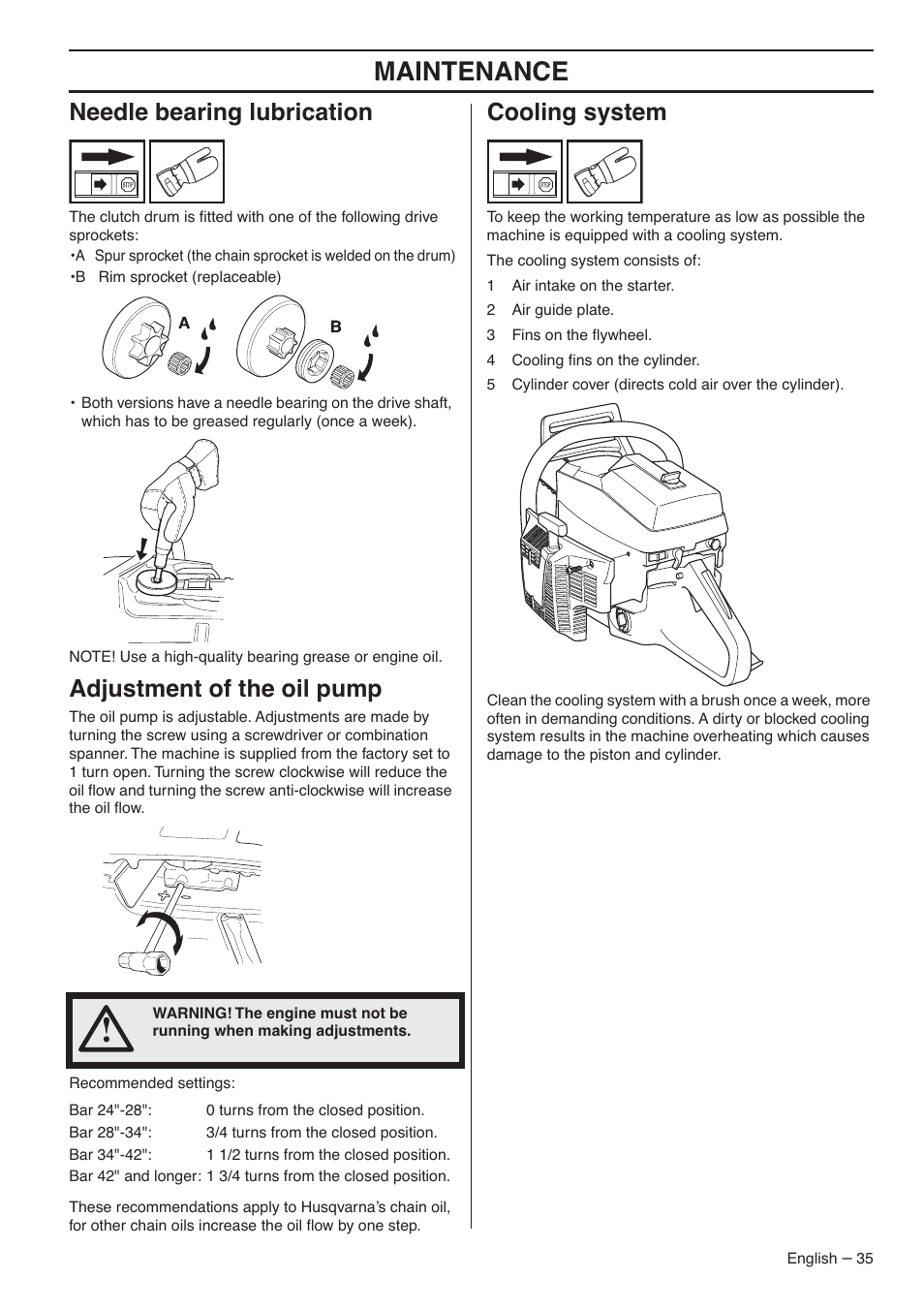 Needle bearing lubrication, Adjustment of the oil pump, Cooling system | Maintenance | Husqvarna 1153183-26 User Manual | Page 35 / 44