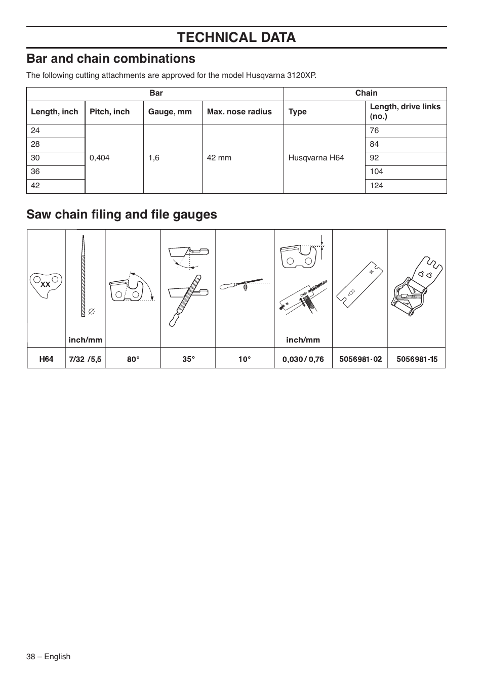 Bar and chain combinations, Saw chain filing and file gauges, Technical data | Saw chain ﬁling and ﬁle gauges | Husqvarna 1153183-26 User Manual | Page 38 / 44