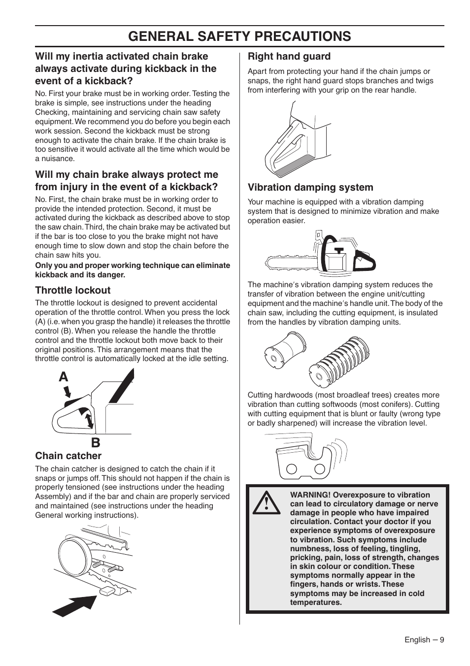 Throttle lockout, Chain catcher, Right hand guard | Vibration damping system, General safety precautions | Husqvarna 1153183-26 User Manual | Page 9 / 44