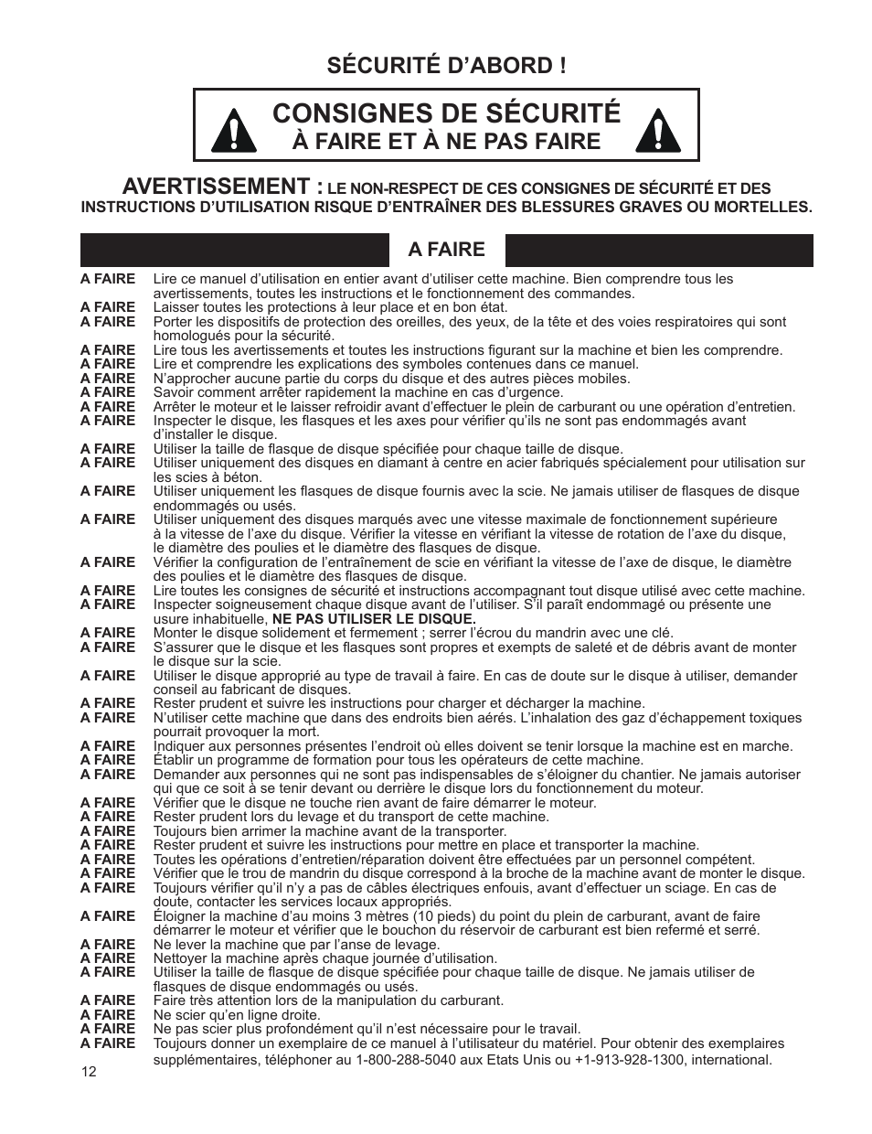 Consignes de sécurité, Sécurité d’abord, À faire et à ne pas faire avertissement | A faire | Husqvarna FSA 8400 D User Manual | Page 12 / 112