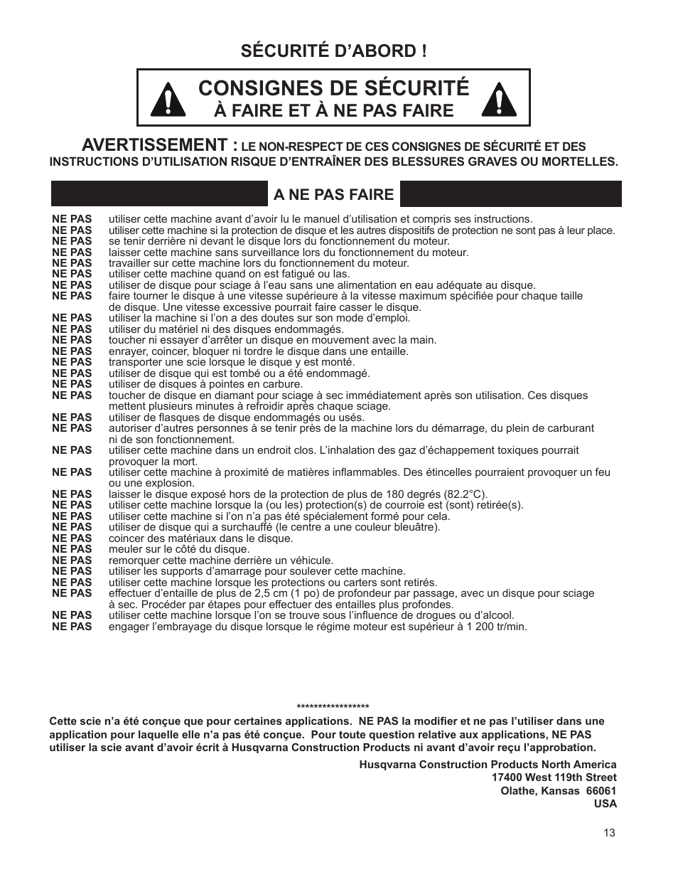 Symbol definitions, Consignes de sécurité, Sécurité d’abord | À faire et à ne pas faire avertissement, A ne pas faire | Husqvarna FSA 8400 D User Manual | Page 13 / 112