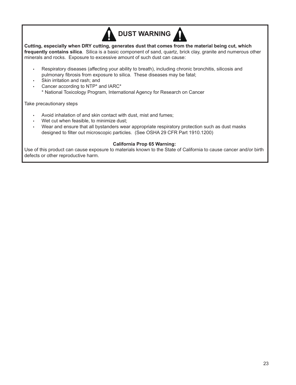 Dust warning | Husqvarna FSA 8400 D User Manual | Page 23 / 112