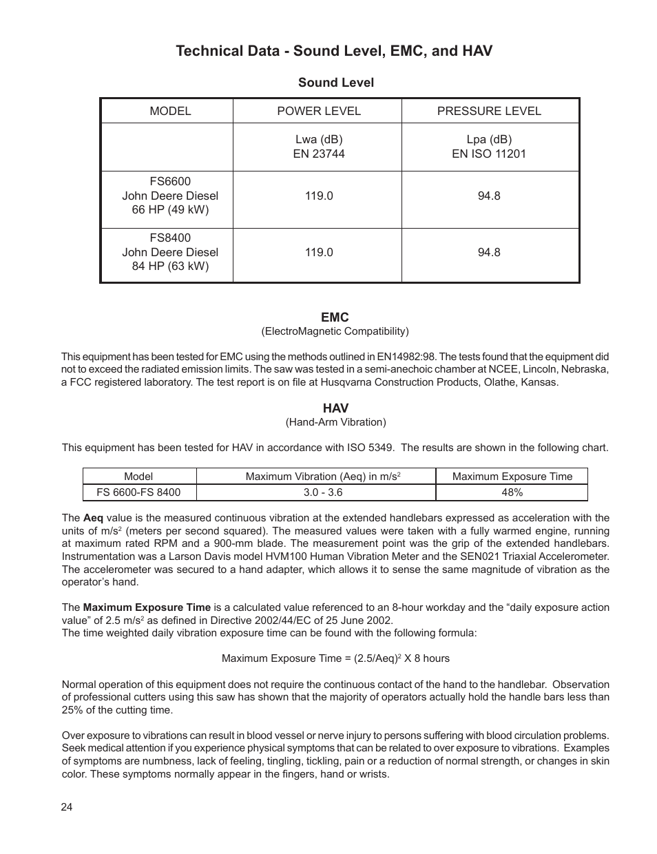 Technical data - sound level, emc, and hav | Husqvarna FSA 8400 D User Manual | Page 24 / 112