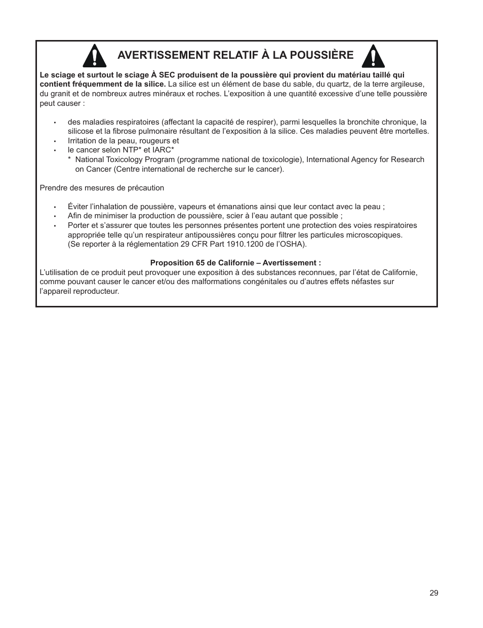 Avertissement relatif à la poussière | Husqvarna FSA 8400 D User Manual | Page 29 / 112