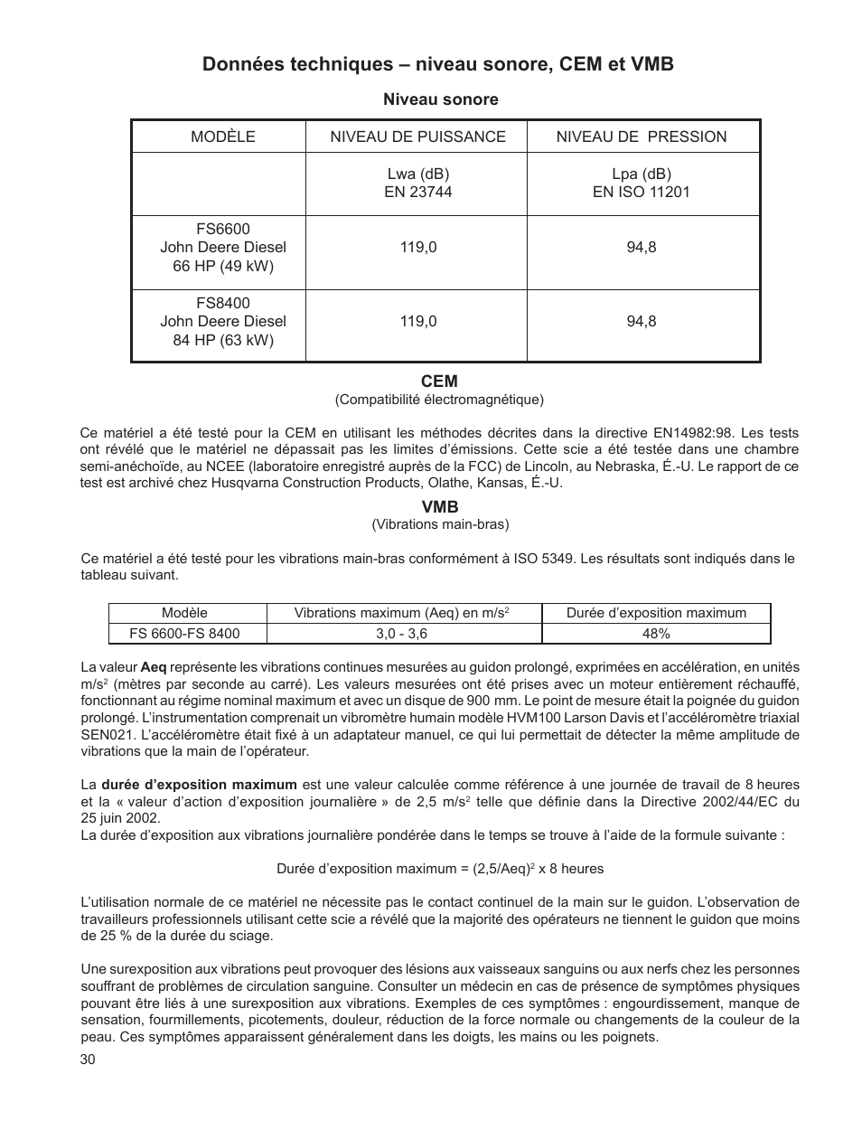 Données techniques – niveau sonore, cem et vmb | Husqvarna FSA 8400 D User Manual | Page 30 / 112