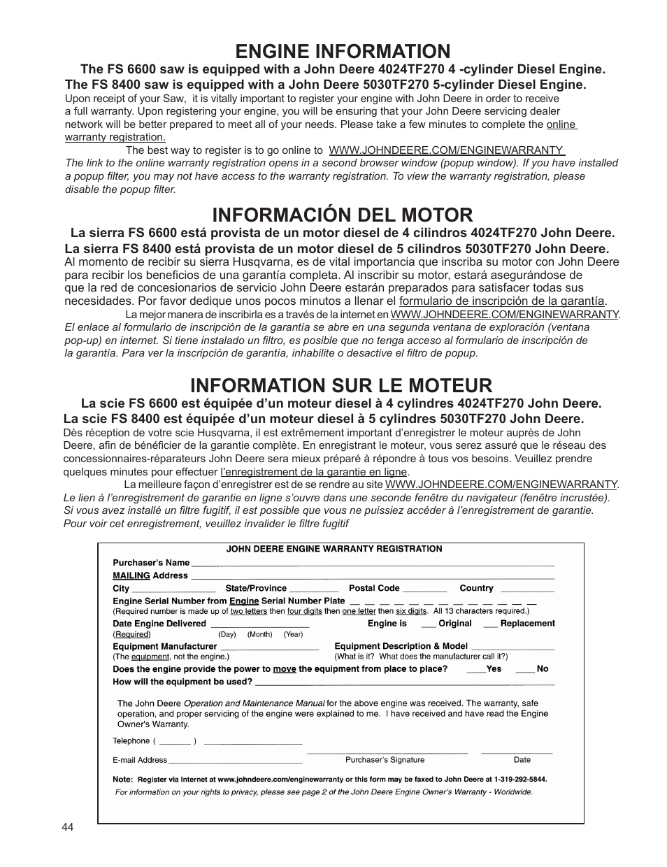 Engine information, Prere operationperation chechecklistlist, Información del motor | Information sur le moteur | Husqvarna FSA 8400 D User Manual | Page 44 / 112