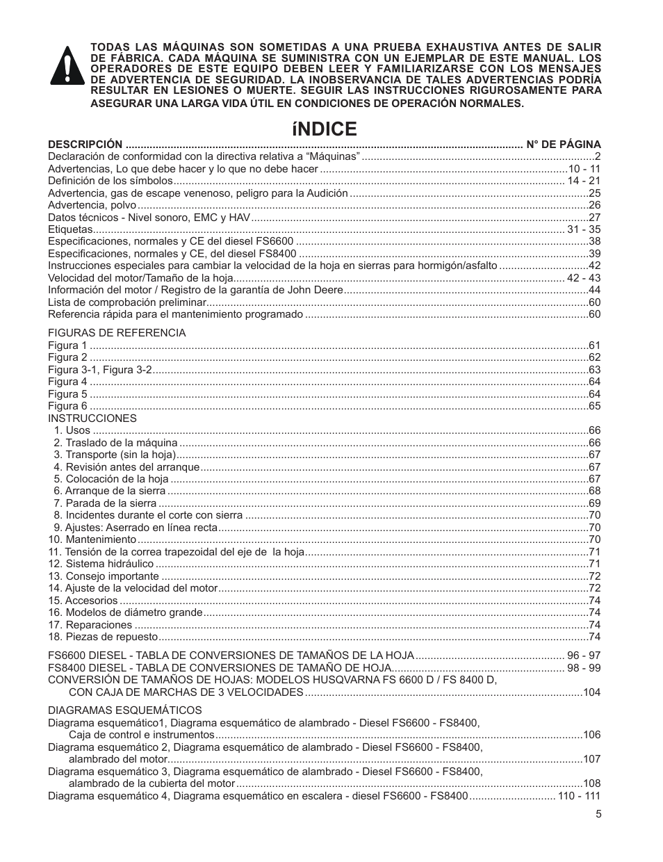 Índice | Husqvarna FSA 8400 D User Manual | Page 5 / 112