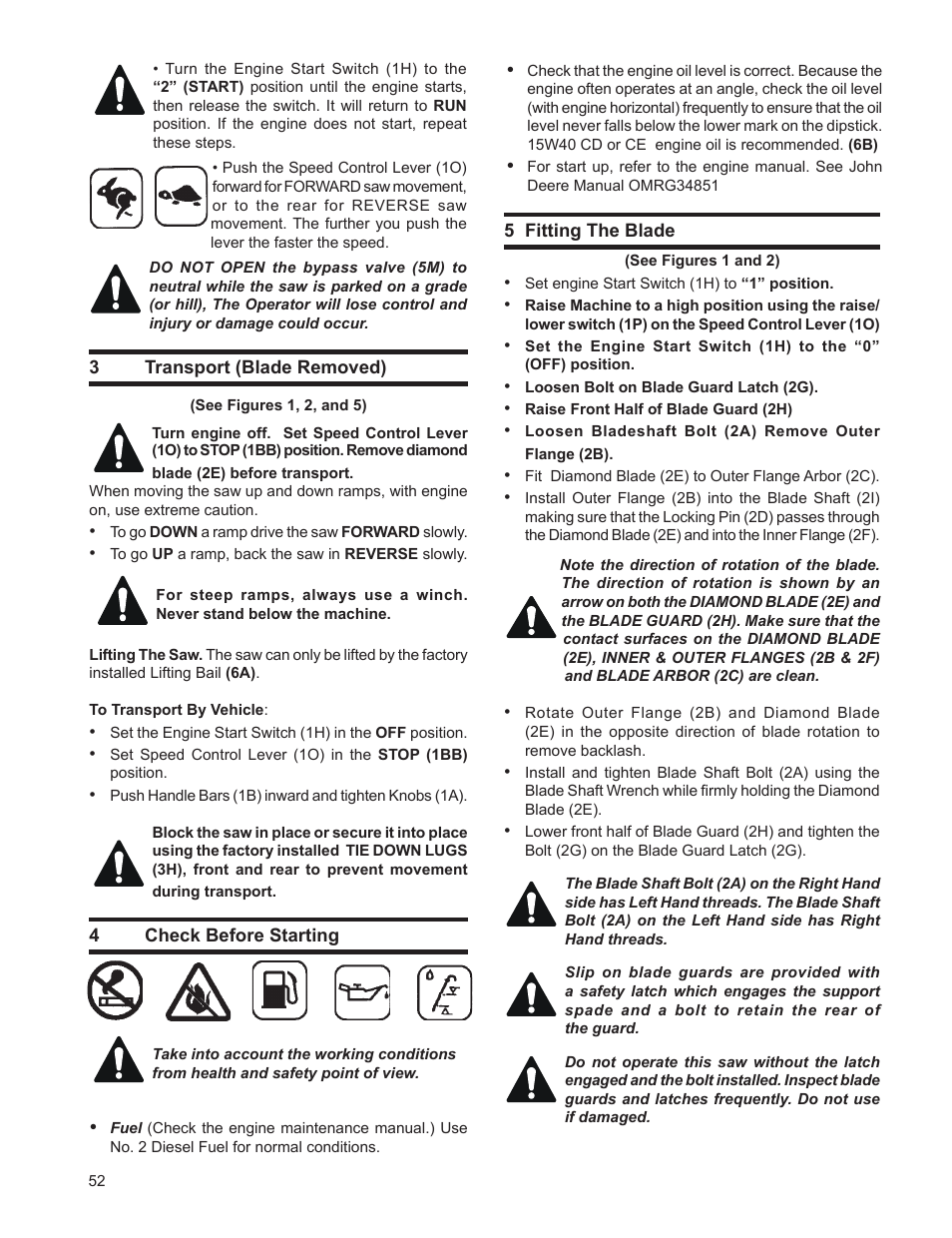 3 transport (blade removed), 4 check before starting, 5 fitting the blade | Husqvarna FSA 8400 D User Manual | Page 52 / 112