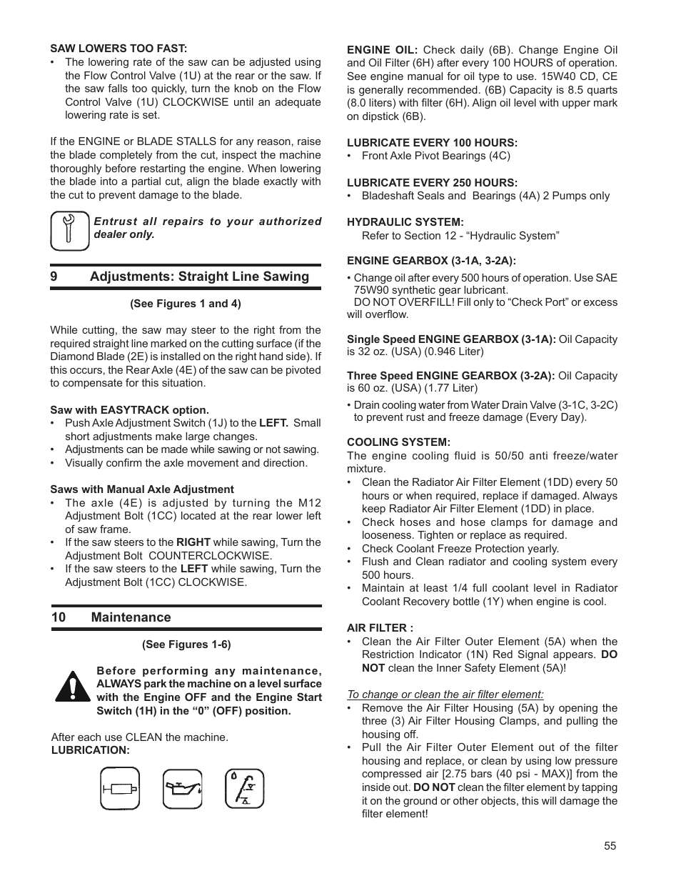 9 adjustments: straight line sawing, 10 maintenance | Husqvarna FSA 8400 D User Manual | Page 55 / 112