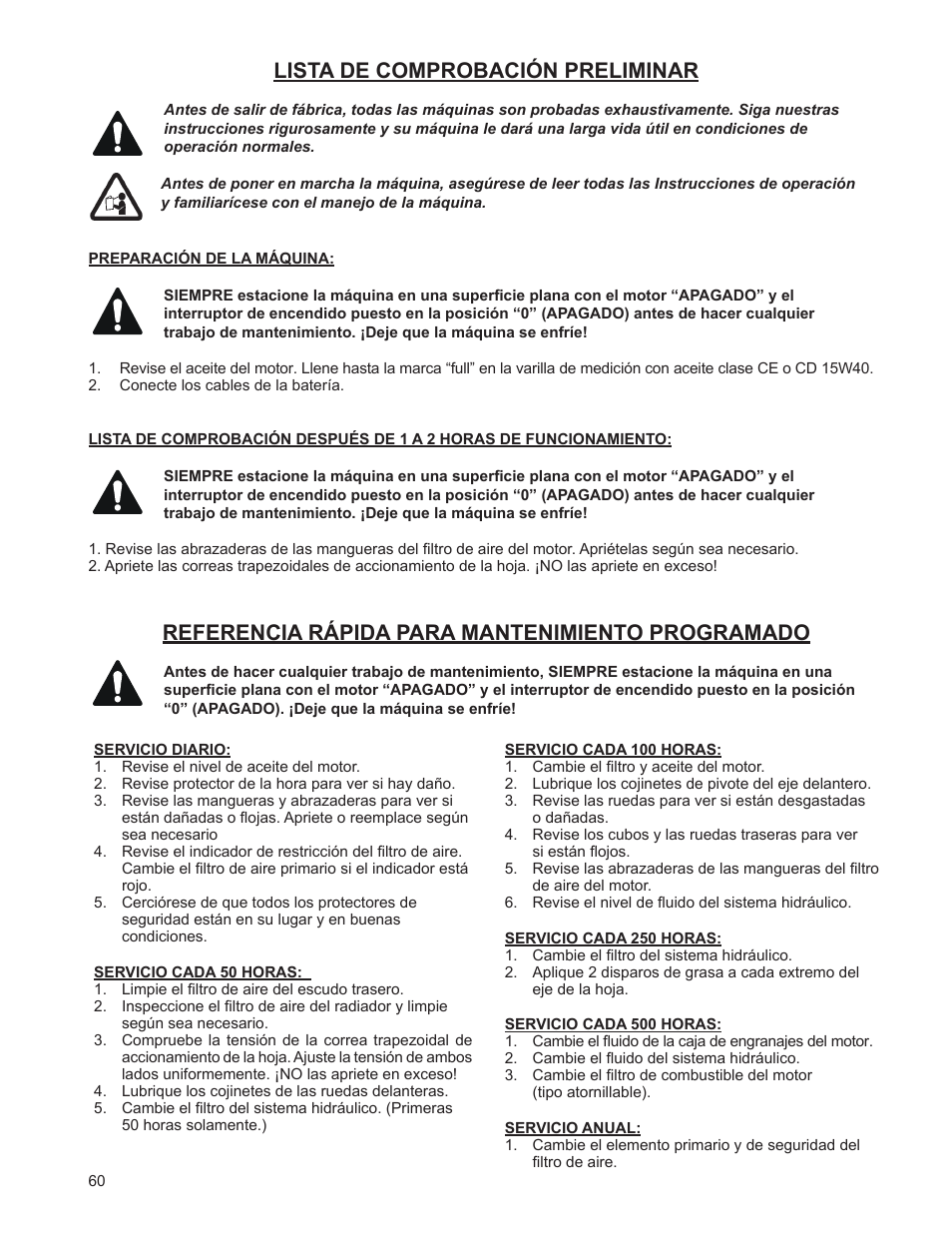 Lista de comprobación preliminar, Referencia rápida para mantenimiento programado | Husqvarna FSA 8400 D User Manual | Page 60 / 112