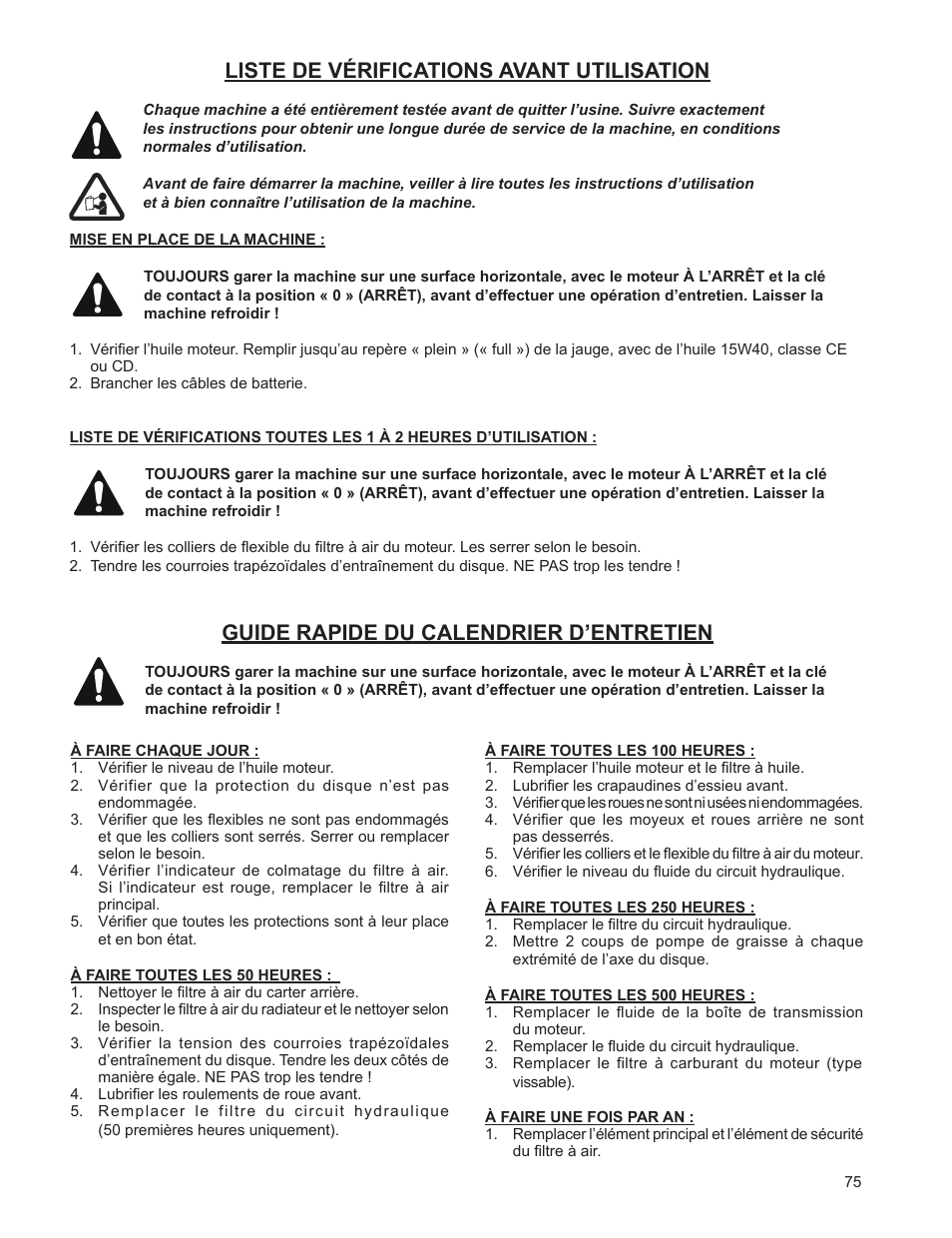 Liste de vérifications avant utilisation, Guide rapide du calendrier d’entretien | Husqvarna FSA 8400 D User Manual | Page 75 / 112