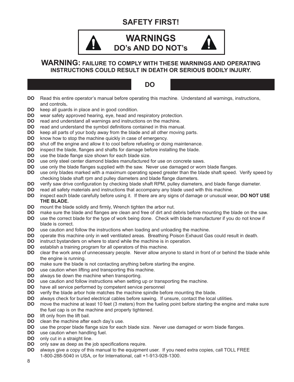 Warningsdo’s and do not’s, Warnings, Safety first | Do’s and do not’s warning | Husqvarna FSA 8400 D User Manual | Page 8 / 112