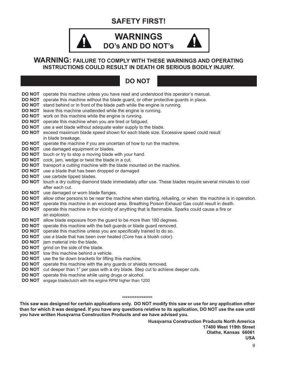 Warnings, Safety first, Do’s and do not’s warning | Do not | Husqvarna FSA 8400 D User Manual | Page 9 / 112