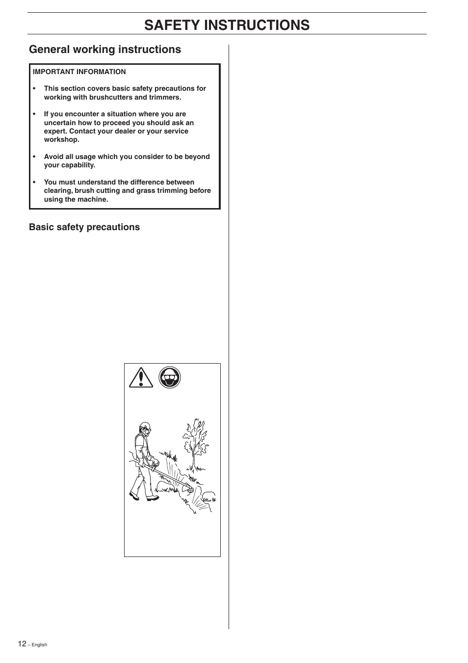 Safety instructions, General working instructions | Husqvarna 322R User Manual | Page 12 / 44