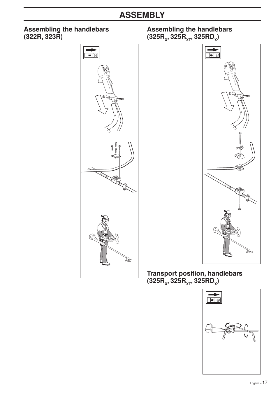 Assembly, Assembling the handlebars (325r, 325r | 325rd, Transport position, handlebars (325r | Husqvarna 322R User Manual | Page 17 / 44