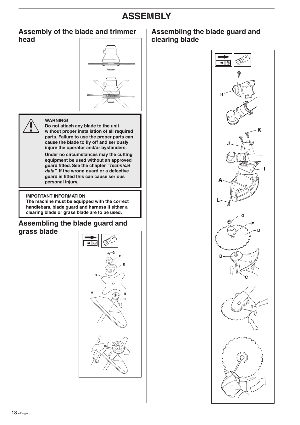 Assembly, Assembling the blade guard and grass blade | Husqvarna 322R User Manual | Page 18 / 44