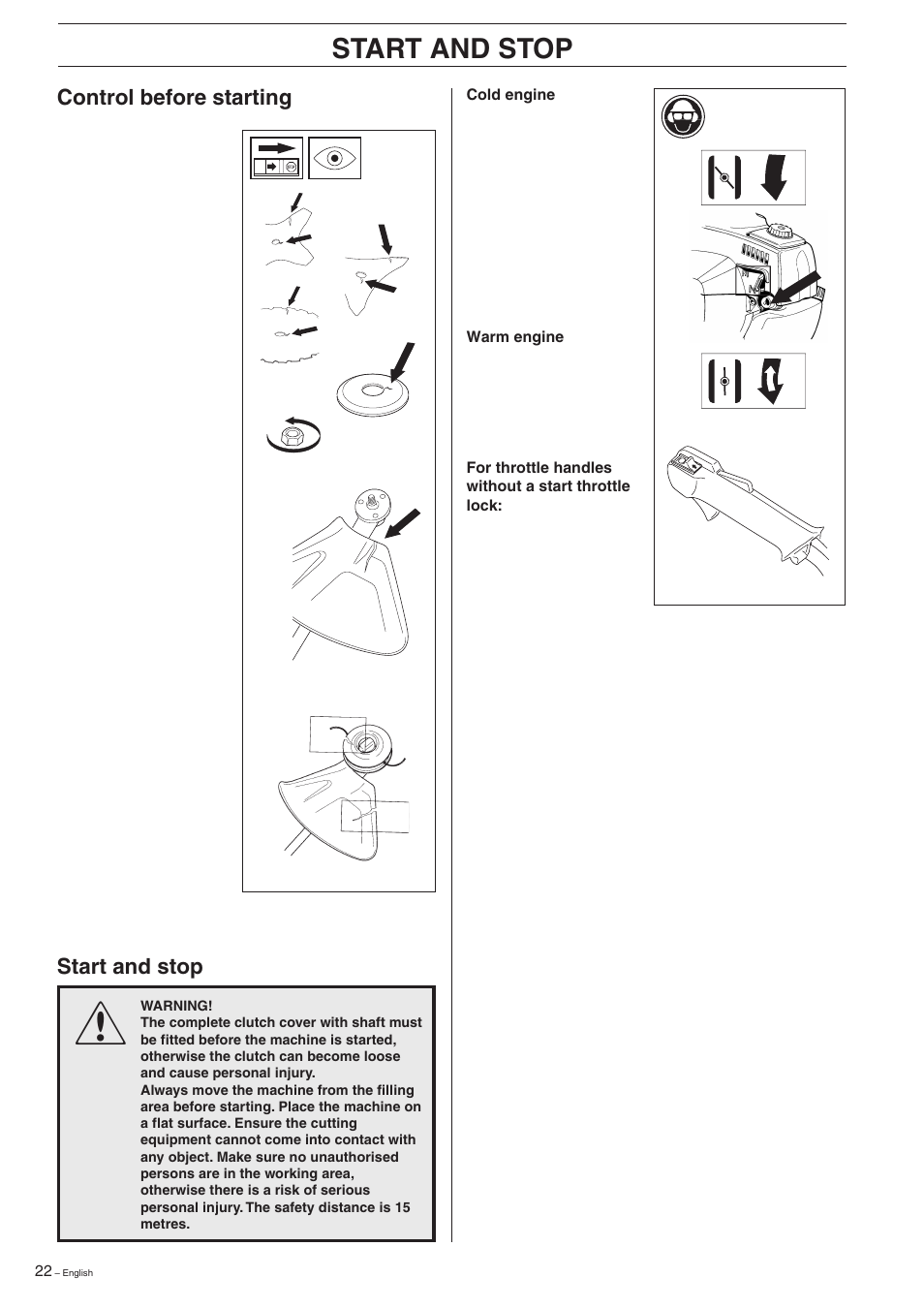 Start and stop | Husqvarna 322R User Manual | Page 22 / 44