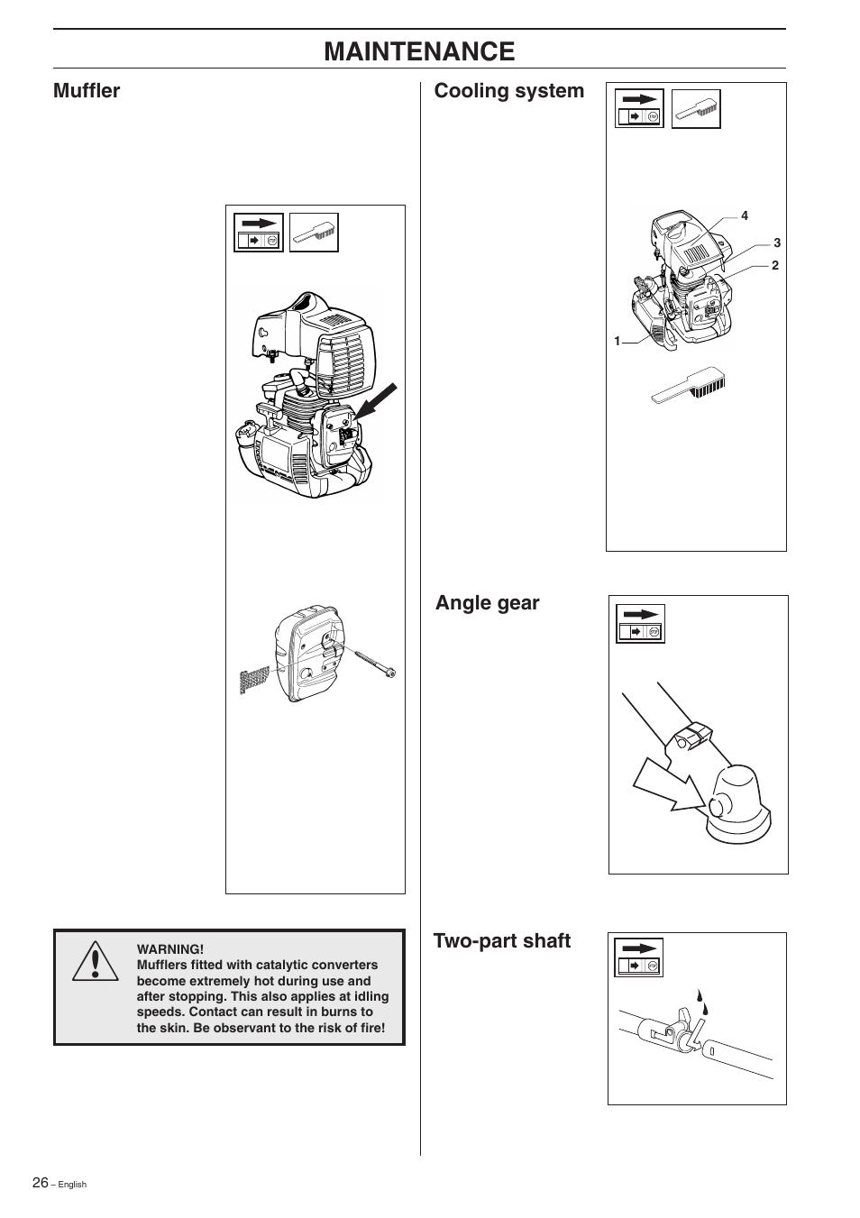 Maintenance, Cooling system, Muffler | Angle gear, Two-part shaft | Husqvarna 322R User Manual | Page 26 / 44