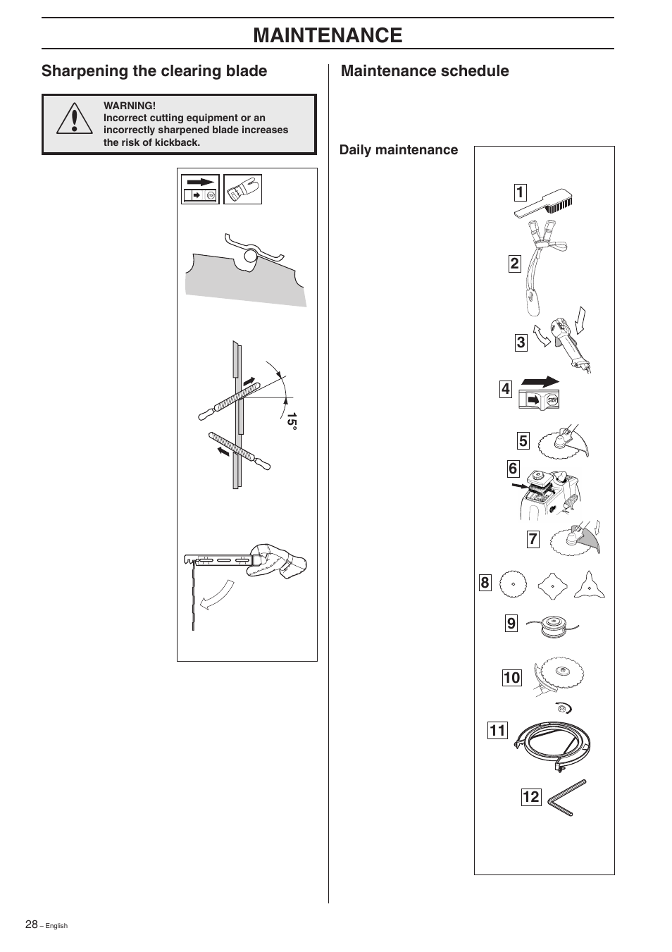 Daily maintenance, Maintenance, Maintenance schedule | Sharpening the clearing blade | Husqvarna 322R User Manual | Page 28 / 44