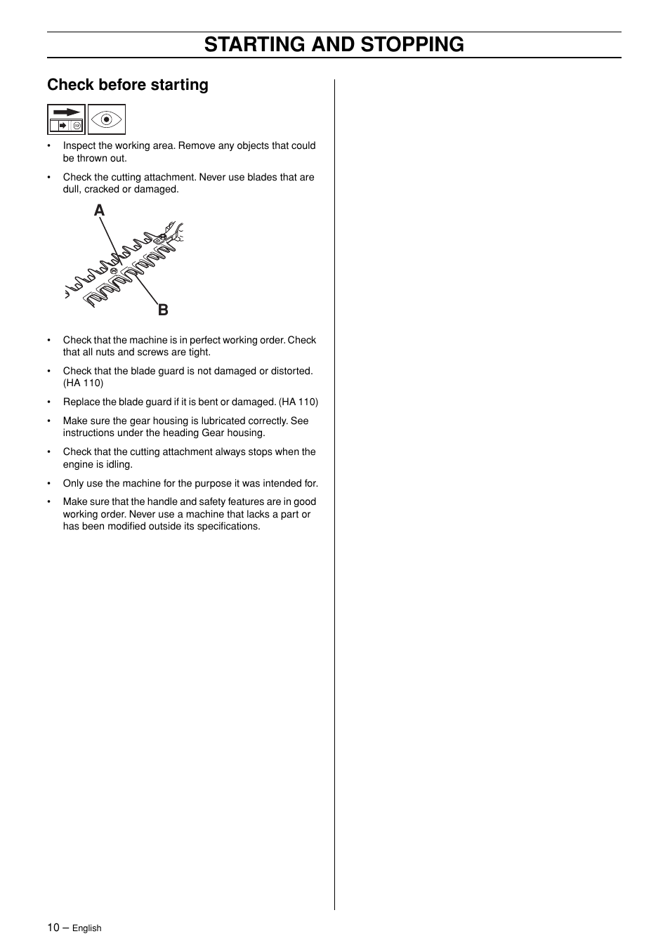 Starting and stopping, Check before starting | Husqvarna HA 850 User Manual | Page 10 / 12