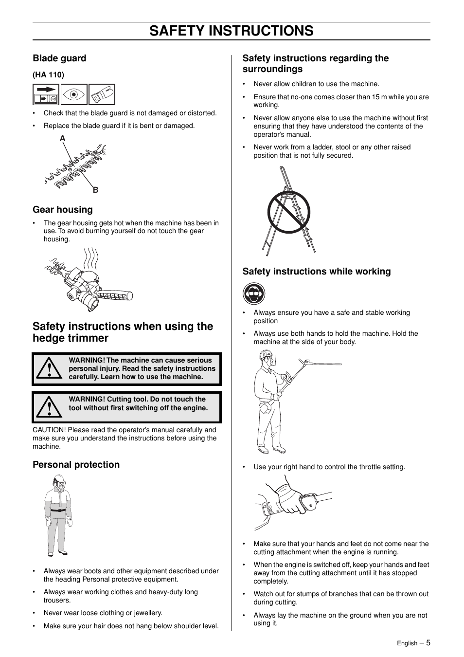 Safety instructions, Safety instructions when using the hedge trimmer | Husqvarna HA 850 User Manual | Page 5 / 12