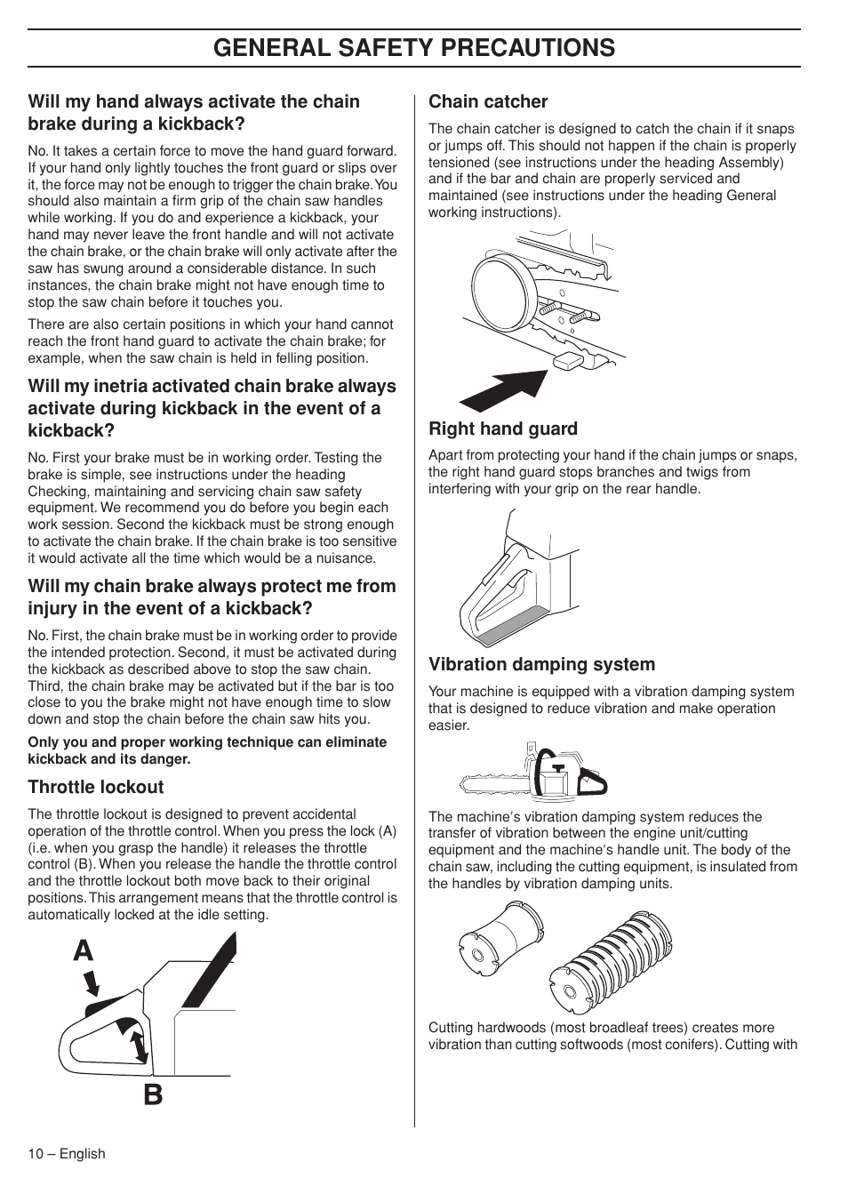 Throttle lockout, Chain catcher, Right hand guard | Vibration damping system, General safety precautions | Husqvarna 575XP User Manual | Page 10 / 48