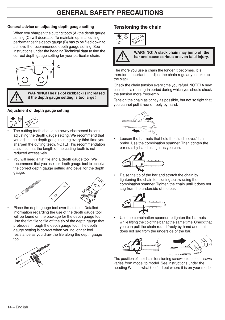 Tensioning the chain, General safety precautions | Husqvarna 575XP User Manual | Page 14 / 48