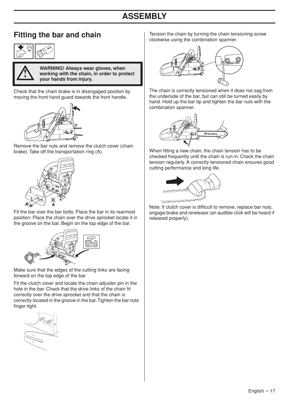 Fitting the bar and chain, Assembly | Husqvarna 575XP User Manual | Page 17 / 48