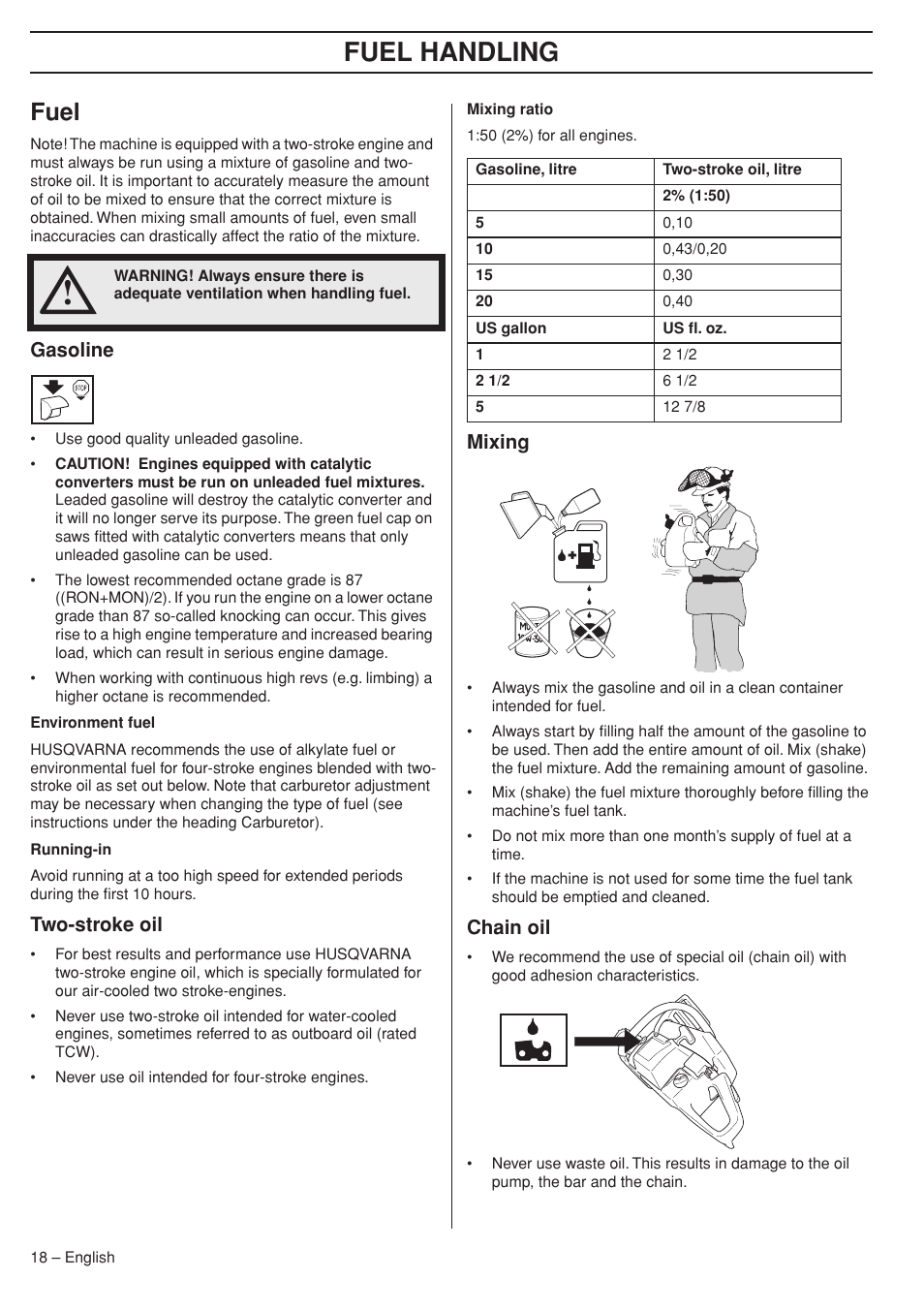 Fuel, Gasoline, Two-stroke oil | Mixing, Chain oil, Fuel handling | Husqvarna 575XP User Manual | Page 18 / 48