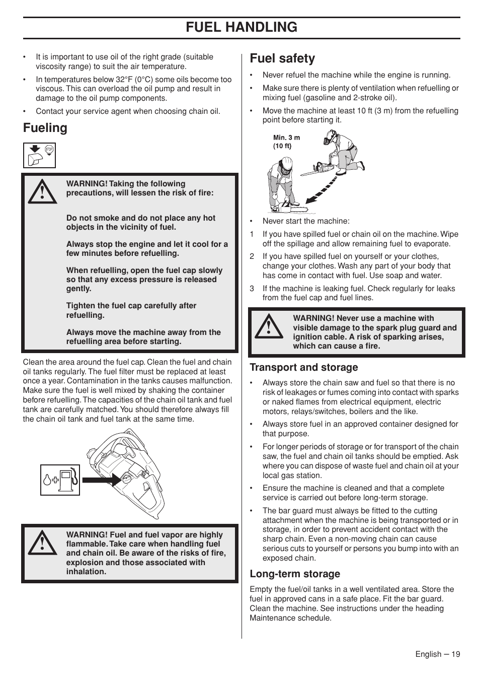 Fueling, Fuel safety, Transport and storage | Long-term storage, Fuel handling | Husqvarna 575XP User Manual | Page 19 / 48