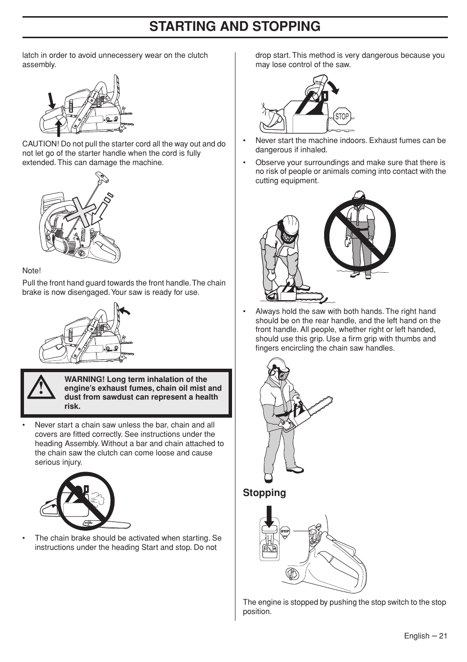 Stopping, Starting and stopping | Husqvarna 575XP User Manual | Page 21 / 48