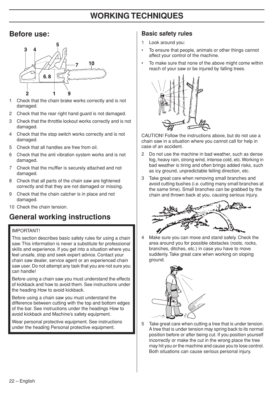 Before use, General working instructions, Basic safety rules | Working techniques | Husqvarna 575XP User Manual | Page 22 / 48