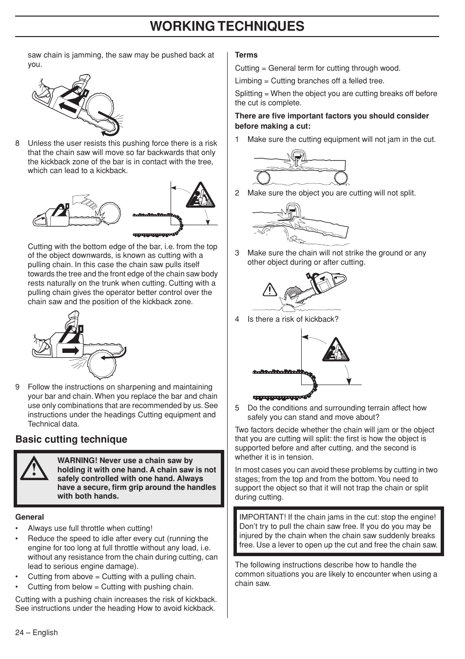 Basic cutting technique, Working techniques | Husqvarna 575XP User Manual | Page 24 / 48