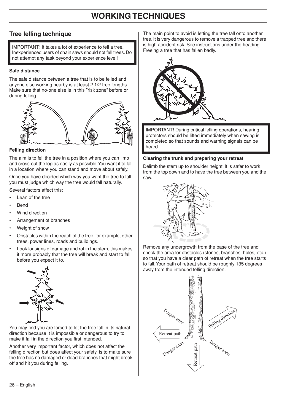 Tree felling technique, Working techniques | Husqvarna 575XP User Manual | Page 26 / 48