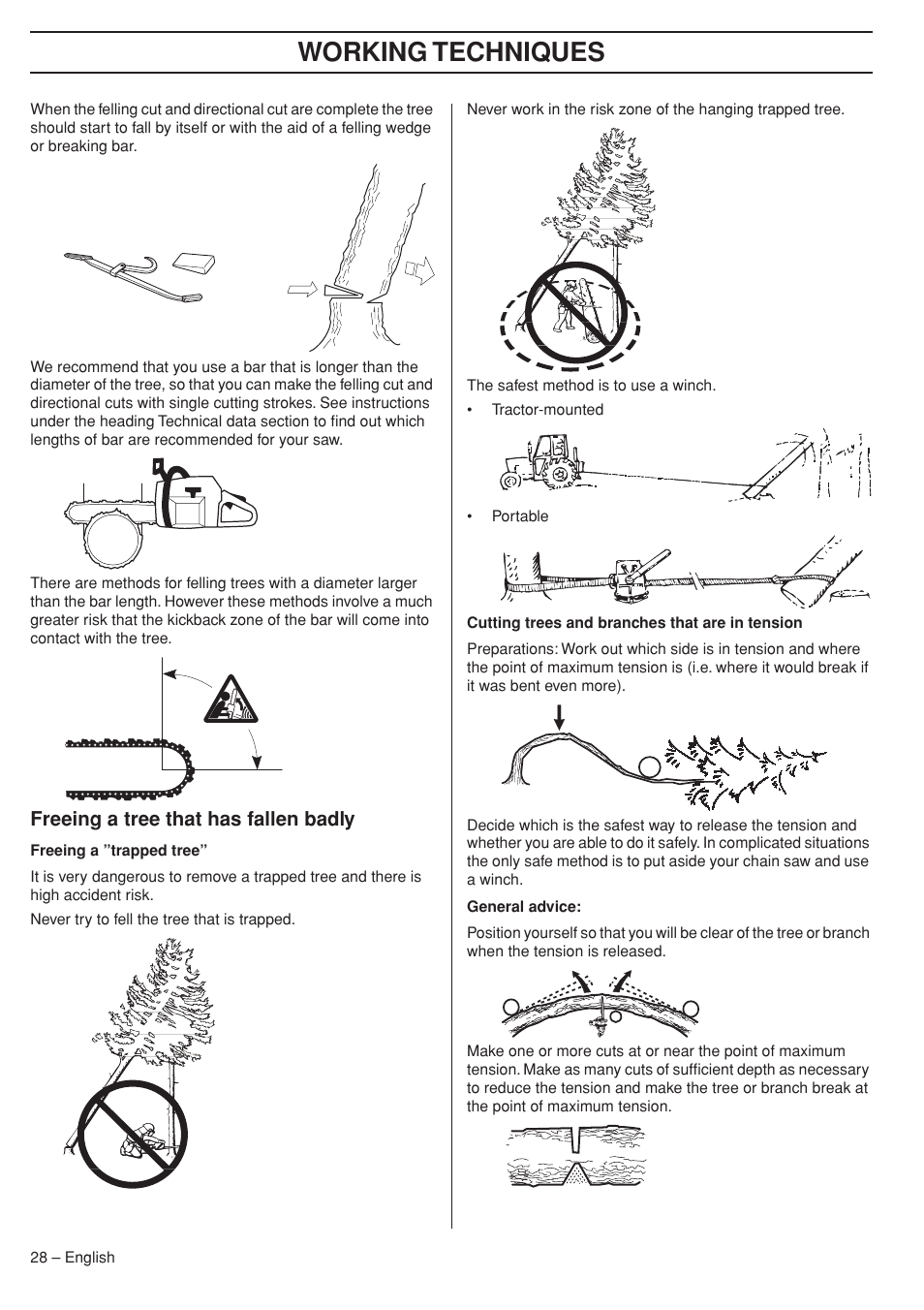 Freeing a tree that has fallen badly, Working techniques | Husqvarna 575XP User Manual | Page 28 / 48