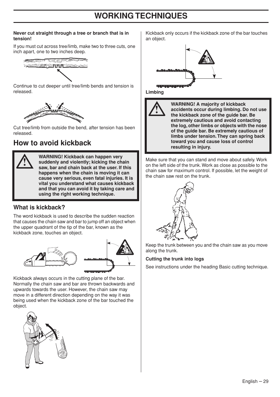 How to avoid kickback, What is kickback, Working techniques | Husqvarna 575XP User Manual | Page 29 / 48