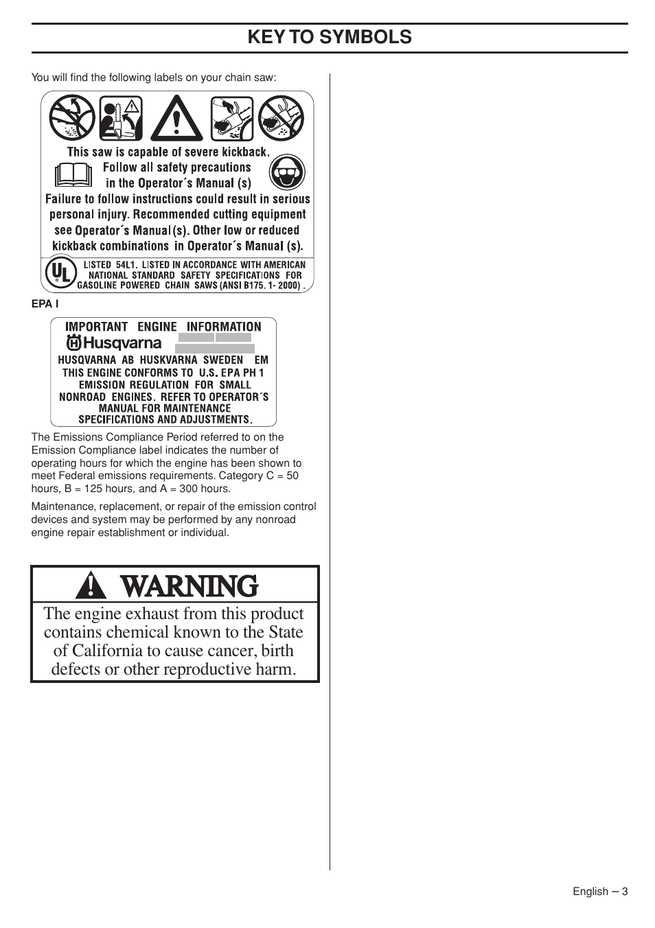 Key t o symbols | Husqvarna 575XP User Manual | Page 3 / 48